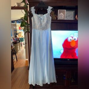 La Femme Light Blue Lace Prom Dress